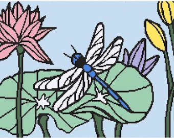 Dragonfly, Pond, Nature, Crochet, Colorwork, Chart, afghan, pattern, blanket, graphghan, tapestry crochet
