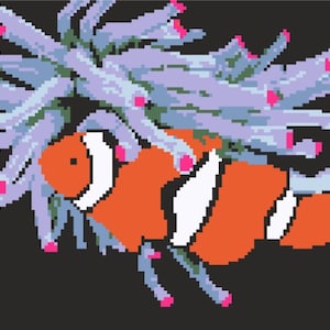 May include: An orange and white clownfish swimming in a purple and pink sea anemone. The anemone has long, thin tentacles.