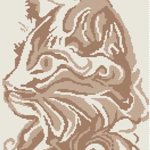 May include: A pixelated image of a cat's profile, in shades of brown and cream. The design features swirling patterns and a detailed depiction of the cat's eye and ear, creating a textured effect. The artwork has a vintage, handcrafted aesthetic.
