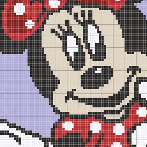 May include: A black and white pixel art image of a cartoon mouse with red and white polka dot bow and a red and white polka dot bow tie. The mouse is smiling and has large eyes.