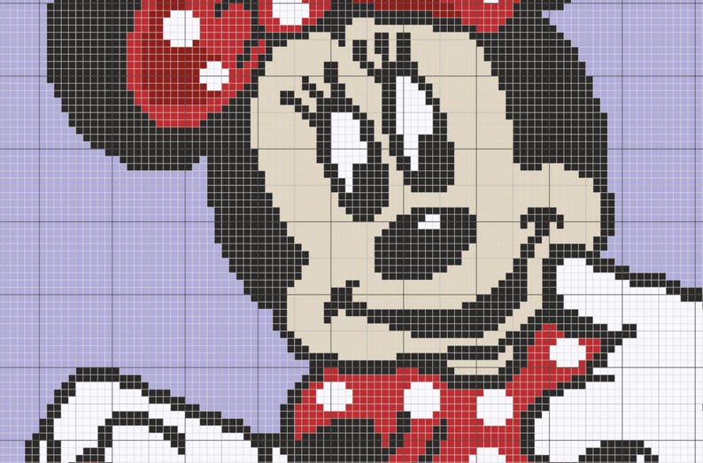 May include: A black and white pixel art image of a cartoon mouse with red and white polka dot bow and a red and white polka dot bow tie. The mouse is smiling and has large eyes.