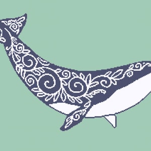 May include: A blue whale with a white floral pattern on its body. The whale is swimming to the right and has a white belly.