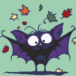 May include: A cartoon bat with large eyes and purple wings, set against a light green background. The bat is surrounded by falling leaves in shades of red, orange, yellow, and green, creating a whimsical autumn scene.