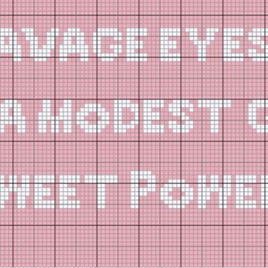 May include: A pink and white cross-stitch pattern with musical notes on either side. The text reads "Their savage eyes turned to a modest gaze by the sweet power of music."