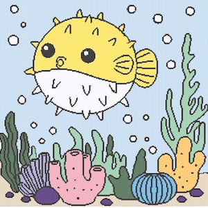 May include: A cartoon pufferfish with a yellow body and white spikes swims in a blue ocean with green seaweed and a blue and white striped seashell.
