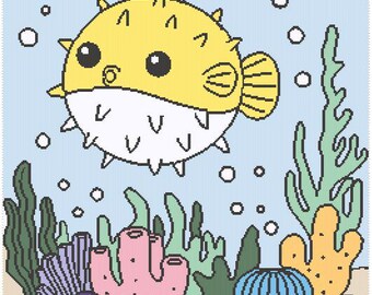 Pea Puffer Fish Crochet, Colorwork, Chart, afghan, pattern, blanket, graphghan, tapestry crochet