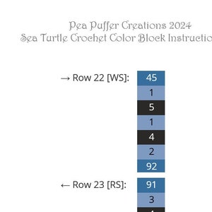 May include: Sea Turtle Crochet Color Block Instructions for a crochet project. The instructions include the number of stitches for each row, with the row number and direction indicated. The instructions are for rows 1-8, 22, 23, and 27.
