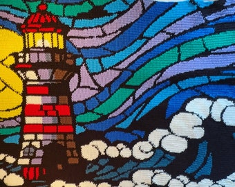 Phare, océan, vagues, coucher de soleil, lever du soleil, crochet, jeu de couleurs, tableau, afghan, motif, couverture, graphghan, crochet pour tapisserie