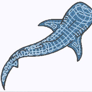 May include: A blue whale shark with a white spotted pattern swims in a white background.