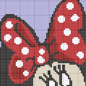 May include: A red and white polka dot bow with black outlines sits on top of a black and white cartoon character's head.