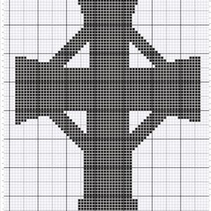 May include: A black Celtic cross design on a grid background, suitable for cross-stitch or pixel art projects. The cross features a central vertical bar intersected by a horizontal bar, with arms extending outwards. The design is composed of small, dark squares.