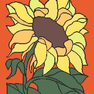 Op de afbeelding: Een digitale illustratie van een zonnebloem. De bloem heeft gele bloemblaadjes, een bruin hart, groene bladeren en stengel, tegen een oranje achtergrond. De afbeelding is een grafisch ontwerp.