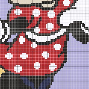 May include: A red dress with white polka dots, black sleeves, and a white collar. The dress is worn by a cartoon character with black hair and white gloves.