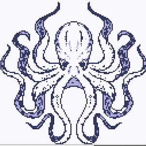 May include: A pixelated illustration of an octopus in shades of white and periwinkle blue. The octopus is centered, with its eight tentacles gracefully curving outwards. The design has a retro, digital art aesthetic.
