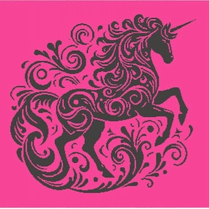 May include: A black silhouette of a unicorn with intricate floral designs on a hot pink background.