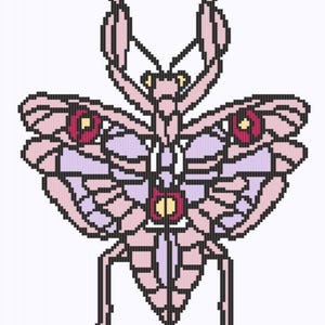 May include: A pink praying mantis with large, purple wings and red eyes. The mantis is standing on its hind legs with its front legs raised in a defensive posture.