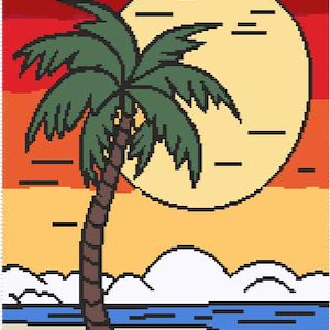 Könnte beinhalten: Eine Cartoon-Illustration einer Palme mit einer großen gelben Sonne dahinter. Die Sonne hat einen roten und orangen Himmel dahinter. Die Palme steht an einem Strand mit weißen Wellen und blauem Wasser.