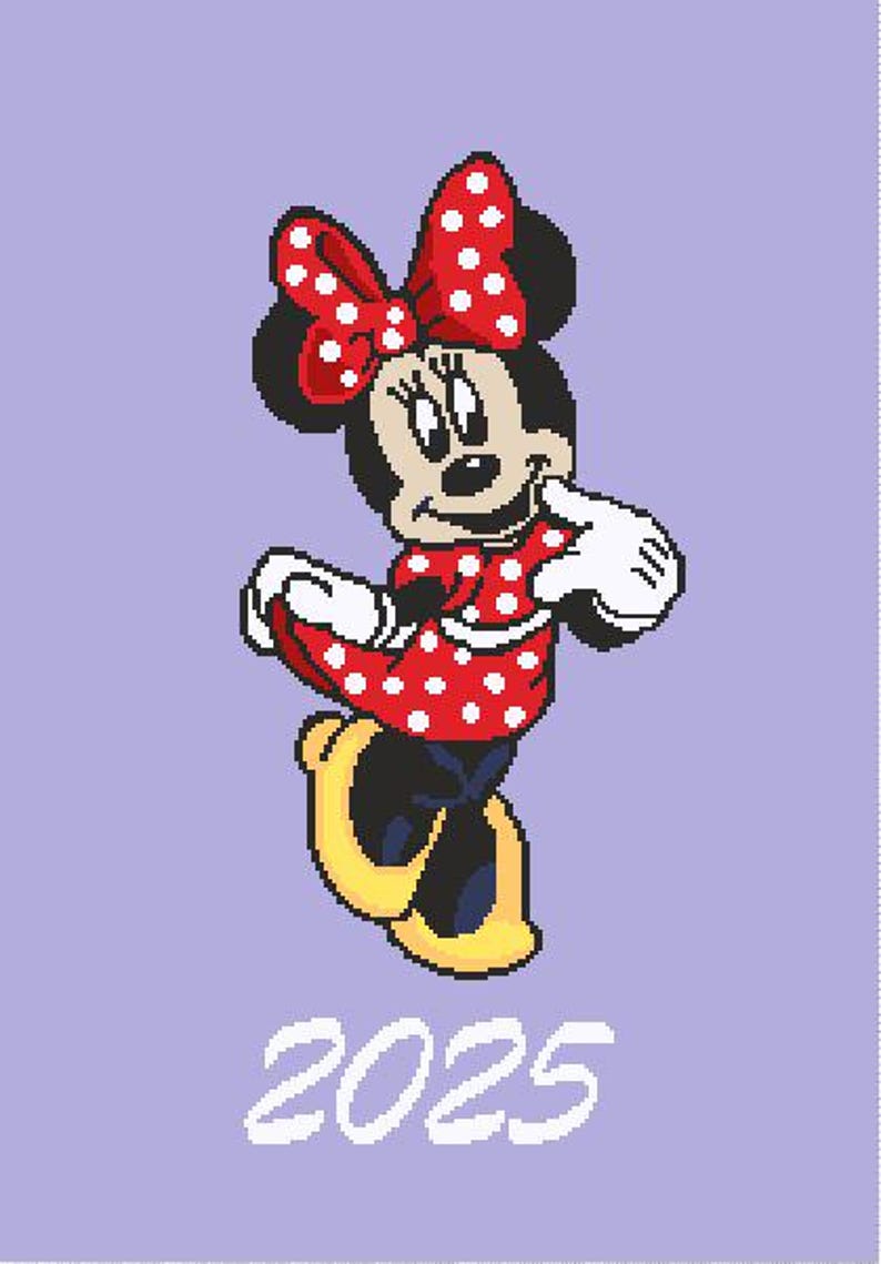 May include: A cartoon image of Minnie Mouse wearing a red dress with white polka dots and a red bow with white polka dots. She is smiling and holding her right hand up to her face. The background is a light purple color. The year 2025 is written in white below Minnie Mouse.