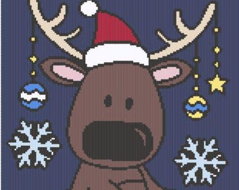 May include: A cartoon reindeer wearing a red Santa hat sits on a green plate with snowflakes and Christmas ornaments around it. The text "Merry Christmas" is at the top of the image.