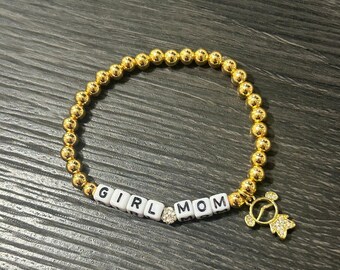 Gold Plated Beaded Bracelet: GIRL MOM with Crystal Charm