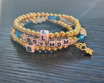 Boy Mom Gold Beaded Bracelet Stack with Initials and Charms