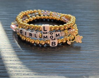 Girl Mom Beaded Bracelet Stack with Initials and Charm