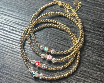 Gold Beaded Hamsa Bracelet with Evil Eye Charm – Handcrafted Protection Jewelry