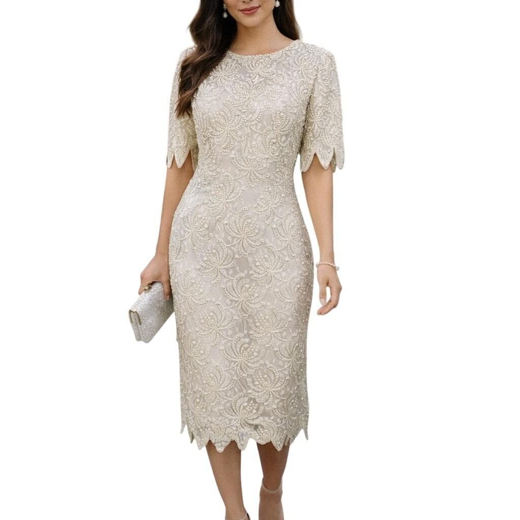 knee length dresses for ladies Carina Midi Dress - Ivory/Nude