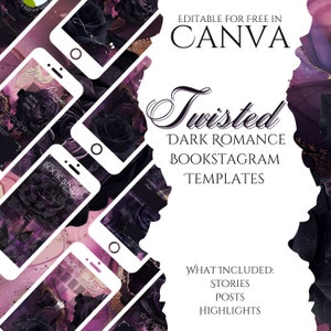 May include: A set of dark romance bookstagram templates featuring a black and purple color scheme with roses and gold accents. The templates are editable in Canva and include stories, posts, and highlights.