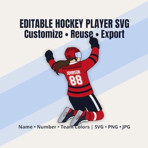 May include: An illustration of a hockey player in a red and black uniform with the number 88. The text reads "EDITABLE HOCKEY PLAYER SVG Customize • Reuse • Export" and "Name • Number • Team Colors | SVG • PNG • JPG".