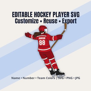 May include: An illustration of a hockey player in a red uniform with the name "Johnson" and the number "88". The image includes the text "EDITABLE HOCKEY PLAYER SVG Customize • Reuse • Export" and "Name • Number • Team Colors | SVG • PNG • JPG".