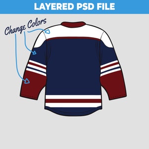 May include: A blue and white hockey jersey with red accents. The jersey has a white collar and white stripes on the sleeves. The text "Change Colors" is written on the image.