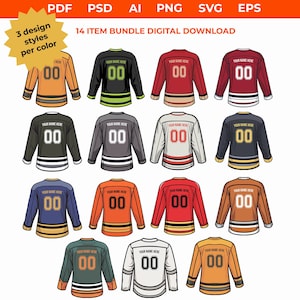Peut inclure: Un ensemble de 14 modèles de chandails de hockey de différentes couleurs, dont l'orange, le vert, le rouge, le noir, le gris, le blanc, le bleu et le brun. Chaque chandail a un espace vide pour un nom et un numéro. Le texte "YOUR NAME HERE" et "00" sont imprimés sur chaque chandail. Le texte "14 ITEM BUNDLE DIGITAL DOWNLOAD" et "3 design styles per color" sont également inclus dans l'image.