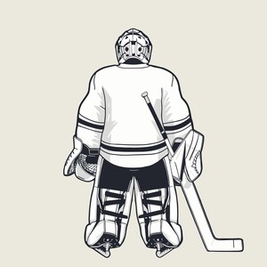 K&ouml;nnte beinhalten: Eine Schwarzwei&szlig;illustration eines Hockeytorwarts, der mit einem Hockeyschl&auml;ger in der Hand steht. Der Torwart tr&auml;gt eine komplette Schutzausr&uuml;stung, einschlie&szlig;lich Helm, Schoner und Blocker.
