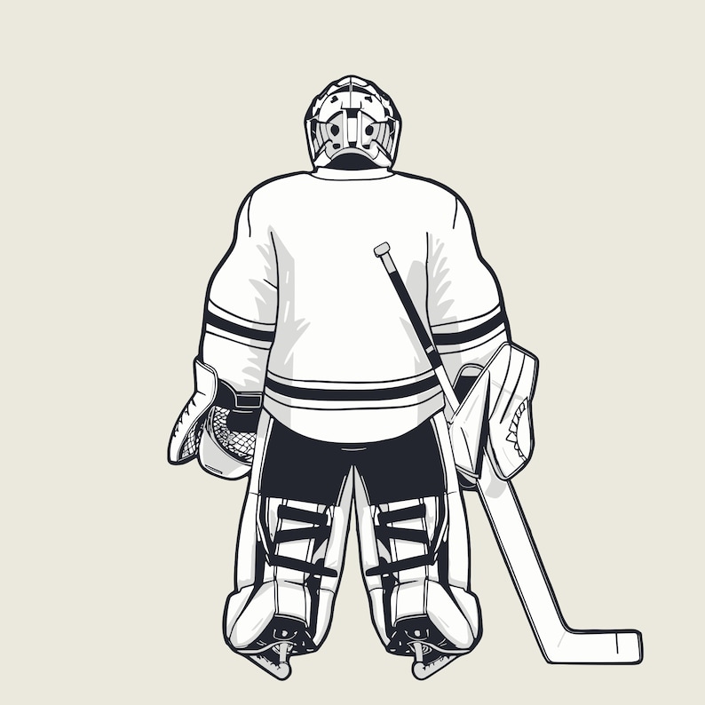 K&ouml;nnte beinhalten: Eine Schwarzwei&szlig;illustration eines Hockeytorwarts, der mit einem Hockeyschl&auml;ger in der Hand steht. Der Torwart tr&auml;gt eine komplette Schutzausr&uuml;stung, einschlie&szlig;lich Helm, Schoner und Blocker.