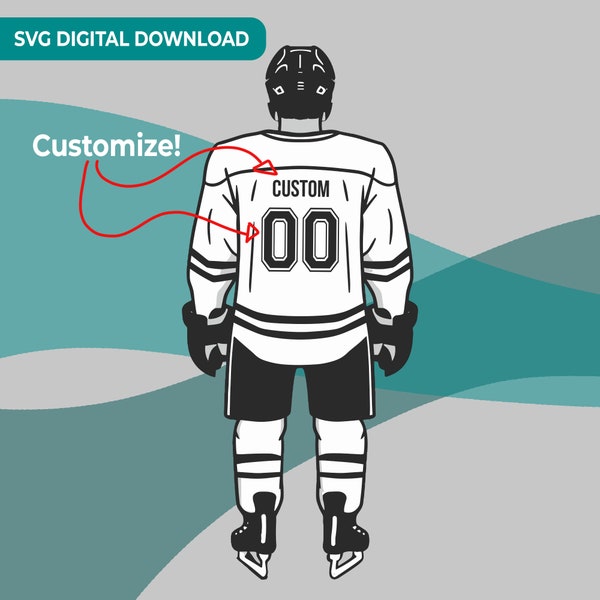 Customizable Hockey SVG, Hockey Player SVG, Male Hockey Player with Customizable Jersey Name and Number, Instant Digital Download