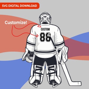 K&ouml;nnte beinhalten: Schwarz-wei&szlig;-Illustration eines Hockeytorwarts, der ein wei&szlig;es Trikot mit dem Wort "CUSTOM" und der Nummer "88" auf dem R&uuml;cken tr&auml;gt. Der Torwart h&auml;lt einen Hockeyschl&auml;ger und tr&auml;gt einen Helm und Schoner.