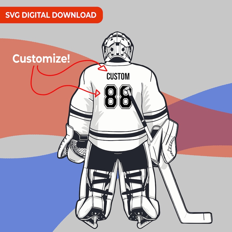 K&ouml;nnte beinhalten: Schwarz-wei&szlig;-Illustration eines Hockeytorwarts, der ein wei&szlig;es Trikot mit dem Wort "CUSTOM" und der Nummer "88" auf dem R&uuml;cken tr&auml;gt. Der Torwart h&auml;lt einen Hockeyschl&auml;ger und tr&auml;gt einen Helm und Schoner.