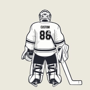 K&ouml;nnte beinhalten: Schwarz-wei&szlig;-Illustration eines Hockeytorwarts, der ein wei&szlig;es Trikot mit dem Wort "CUSTOM" und der Nummer "88" auf dem R&uuml;cken tr&auml;gt. Der Torwart h&auml;lt einen Hockeyschl&auml;ger und tr&auml;gt einen Helm und Schoner.