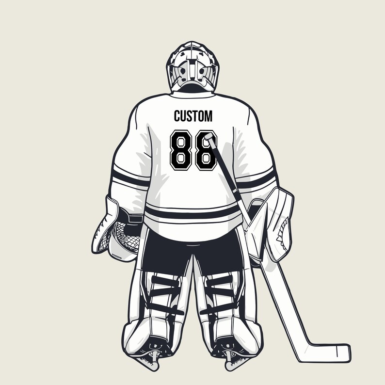 K&ouml;nnte beinhalten: Schwarz-wei&szlig;-Illustration eines Hockeytorwarts, der ein wei&szlig;es Trikot mit dem Wort "CUSTOM" und der Nummer "88" auf dem R&uuml;cken tr&auml;gt. Der Torwart h&auml;lt einen Hockeyschl&auml;ger und tr&auml;gt einen Helm und Schoner.