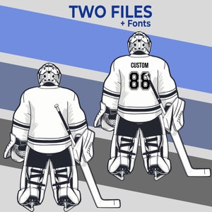 K&ouml;nnte beinhalten: Zwei Schwarzwei&szlig;illustrationen von Hockeytorh&uuml;tern, die wei&szlig;e Trikots mit schwarzen Streifen und schwarze Torwartsch&uuml;tzer tragen. Der Torh&uuml;ter links blickt zum Betrachter, w&auml;hrend der Torh&uuml;ter rechts vom Betrachter wegschaut. Beide Torh&uuml;ter halten Hockeyschl&auml;ger. Der Torh&uuml;ter rechts hat das Wort "CUSTOM" und die Nummer "88" auf der R&uuml;ckseite seines Trikots.