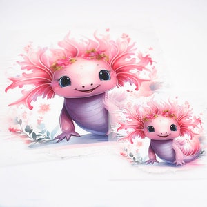 Könnte beinhalten: Zwei rosa Axolotl mit floralen Kronen und rosa gefiederten Kiemen. Die Axolotl sind von rosa und grünen Blumen und Blättern umgeben. Der größere Axolotl ist im Vordergrund und der kleinere Axolotl im Hintergrund.