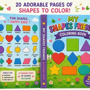 Puede incluir: Un libro para colorear titulado My Shapes Friends que contiene 20 páginas de formas para colorear. La portada y la contraportada muestran varias formas geométricas coloridas como círculos, cuadrados, triángulos y estrellas sobre un paisaje.