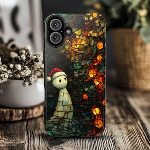 Funda de teléfono navideña espeluznante, cubierta de vitral con fantasmas navideños en 3D, mosaico de noche de invierno estrellada, iPhone 16 Pro Max, 15 Plus, 14, 13 Mini, 12