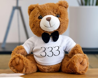 Personalisierter Teddybär, süßes Geschenk für Kinder, weicher Plüschbär mit Shirt, Geburtstagsgeschenk, Babyparty, Komfortspielzeug, 333 Design