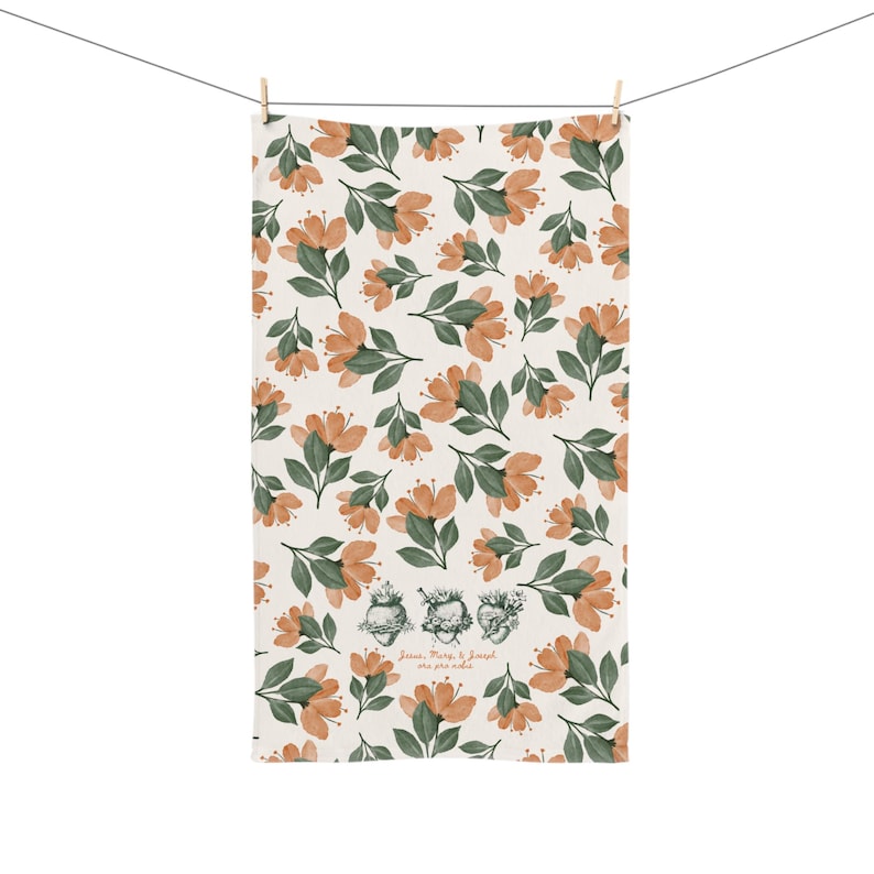 Sacred Hearts Hand Towel with Fall Floral Pattern | Catholic Home Decor