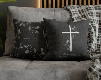 Funda de almohada de vid y ramas en gris / decoración del hogar católico