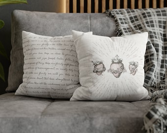 Funda de almohada católica con los Tres Sagrados Corazones de la Sagrada Familia en color neutro