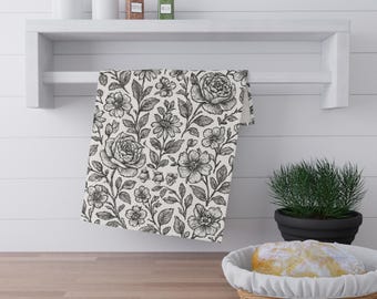 Paño de cocina floral blanco y negro con Sagrados Corazones / Decoración católica para el hogar