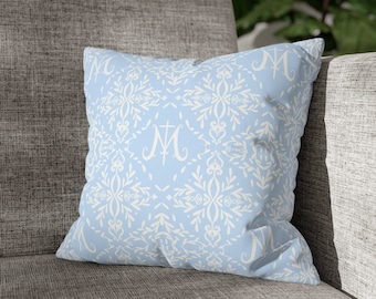 Funda de almohada católica mariana / Diseño Toile azul claro